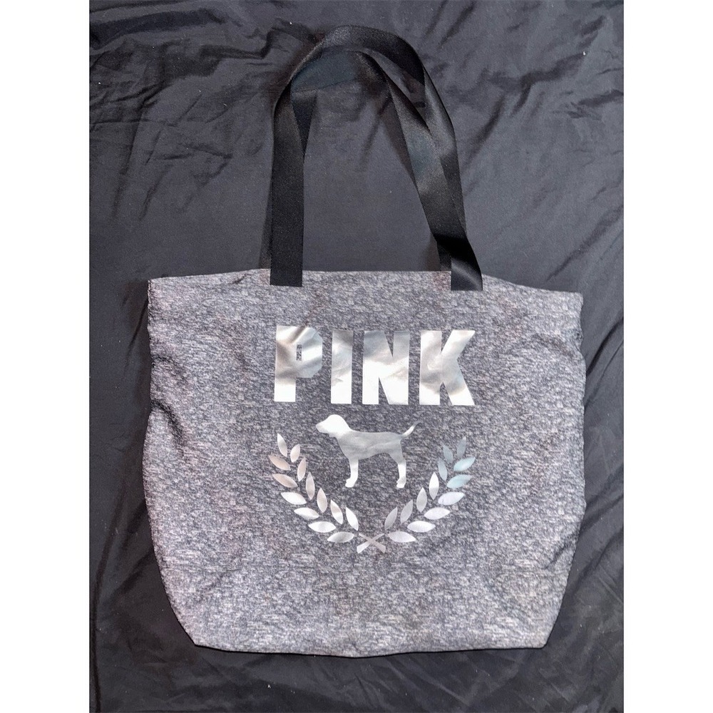 Victoria's Secret PINK Tote Bag Womens Large Gray‎ Marl Silver Logo Zip Top Y2K